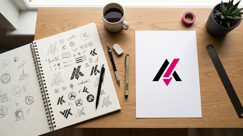 Logo ontwerp schetsen en eindresultaat op bureau — bedrijfslogo ontwerpen door Signatures
