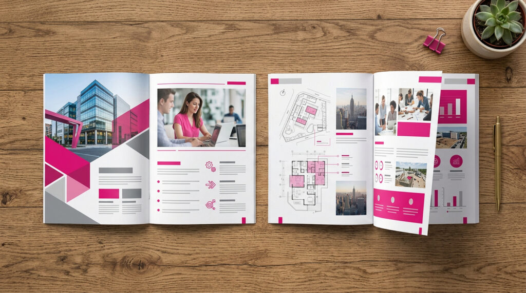 Opengeslagen brochure op bureau — brochure laten maken bij Signatures Putten