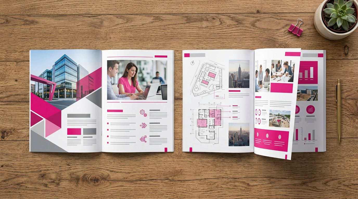 Brochure laten maken — grafisch ontwerp door Signatures Opengeslagen brochure op bureau — brochure laten maken bij Signatures Putten