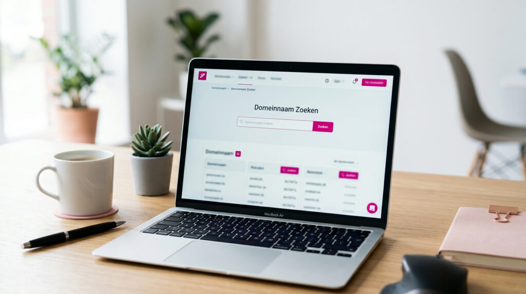 Laptop met domeinnaam zoekpagina op bureau — domeinnaam tips door Signatures Putten