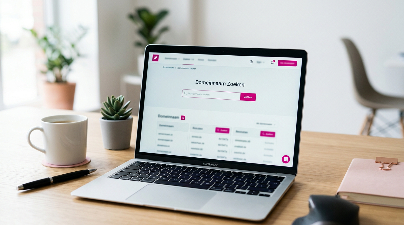 Laptop met domeinnaam zoekpagina op bureau — domeinnaam tips door Signatures Putten