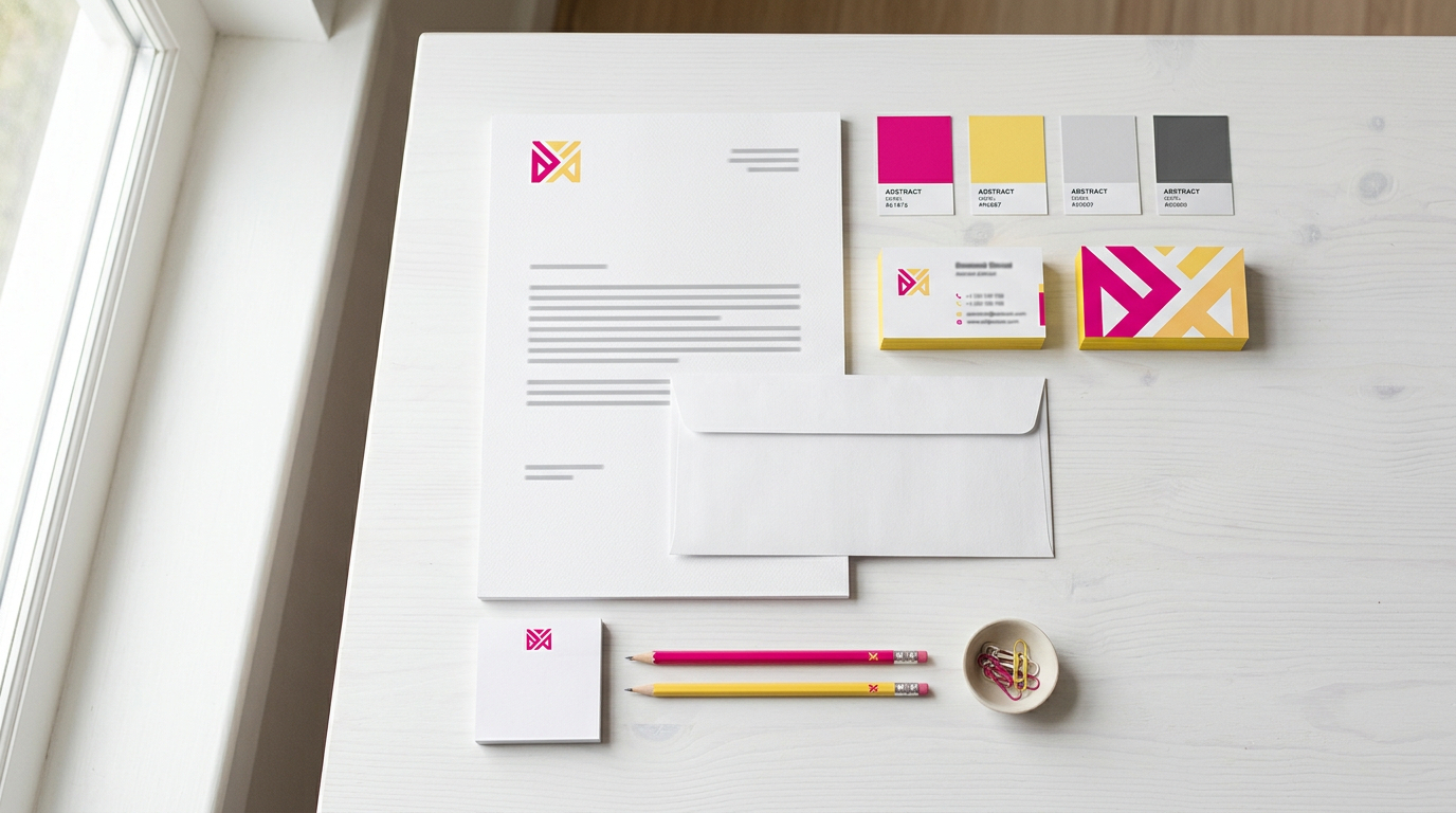 Compleet huisstijlpakket met logo en visitekaartjes op bureau — logo en huisstijl ontwerpen door Signatures Putten