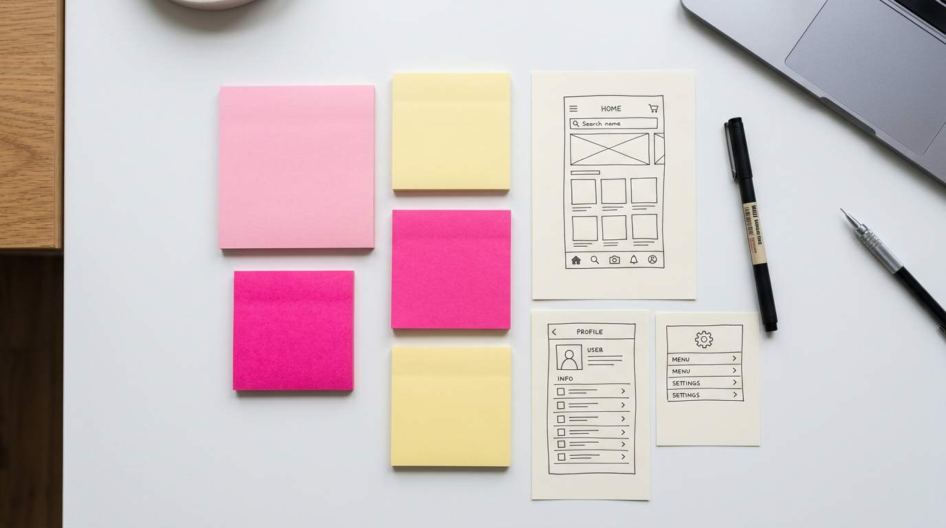 Navigatiestructuur van je website — waarom is het belangrijk? Schetsjes en post-its van websitestructuur op bureau — webdesign tips door Signatures