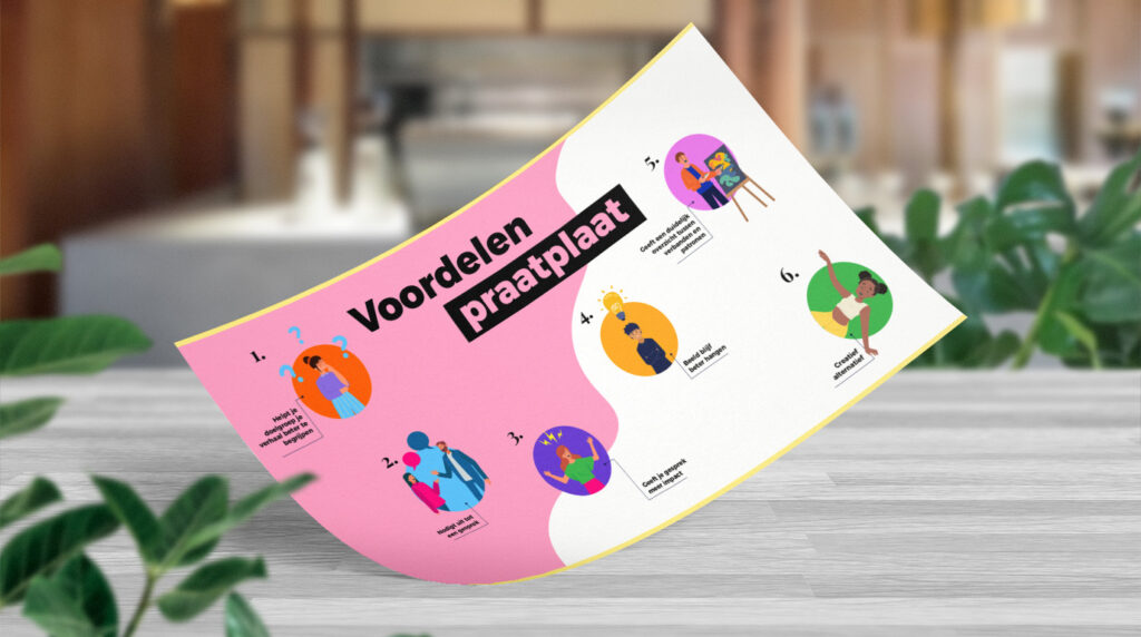 Kleurrijke infographics en praatplaten op bureau — visuele communicatie door Signatures Putten