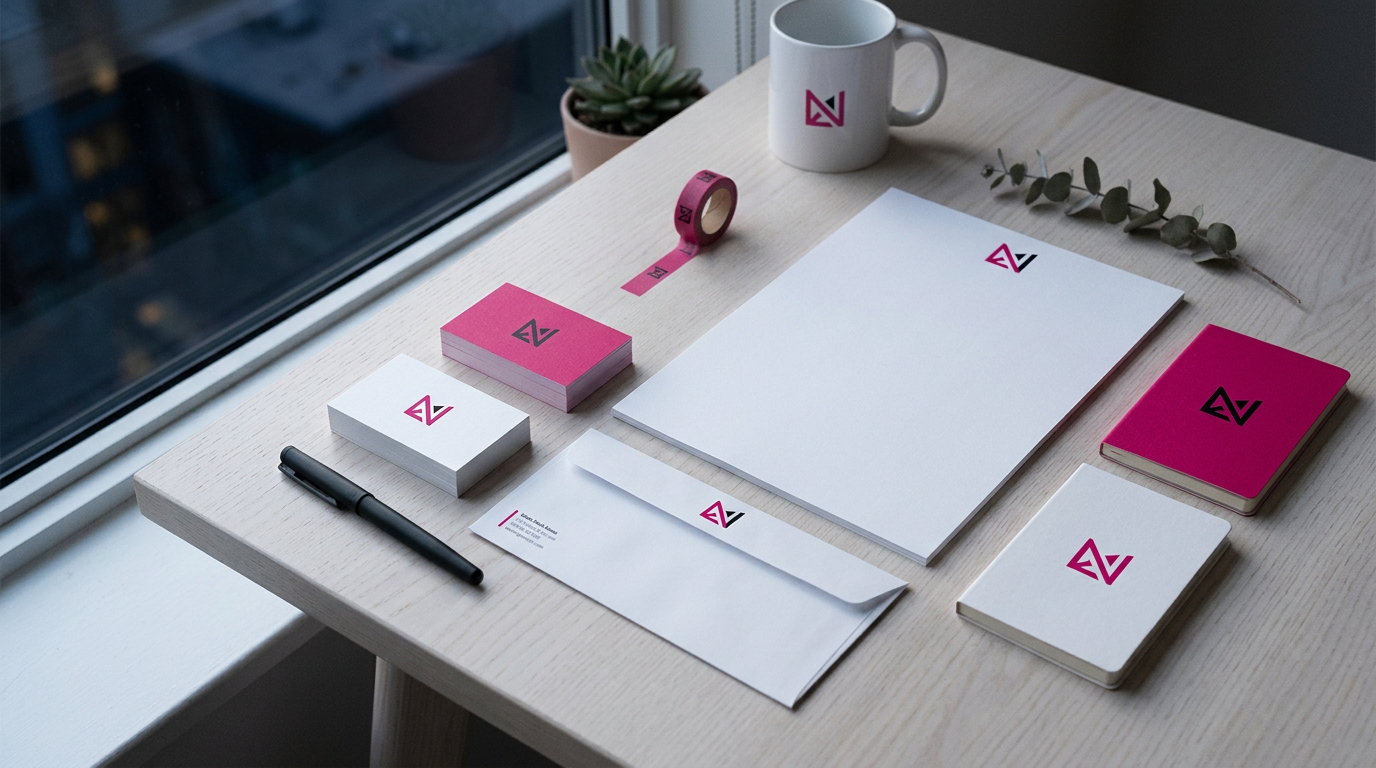 Visitekaartjes en huisstijlelementen op bureau — logo ontwerp tips door Signatures