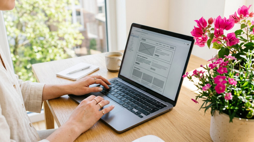 Laptop met websiteontwerp wireframes op bureau — website laten ontwerpen door Signatures