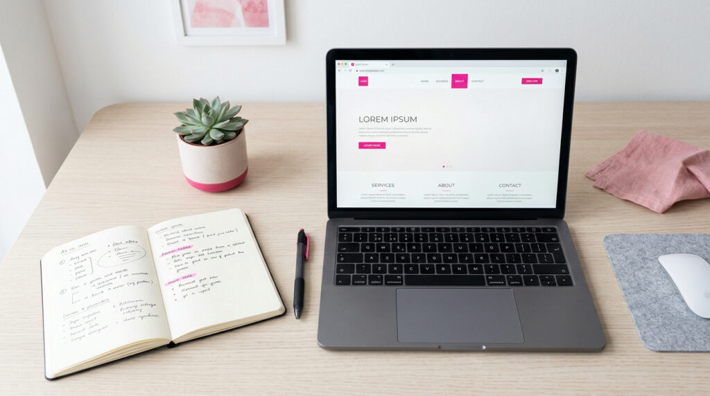 Notitieboek en laptop op bureau — webteksten voor je website door Signatures Putten